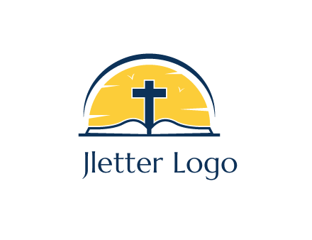 cross and bible in front of sun logo