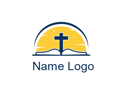 cross and bible in front of sun logo