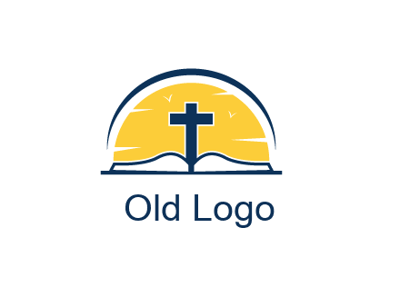 cross and bible in front of sun logo