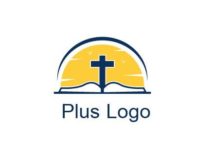 cross and bible in front of sun logo