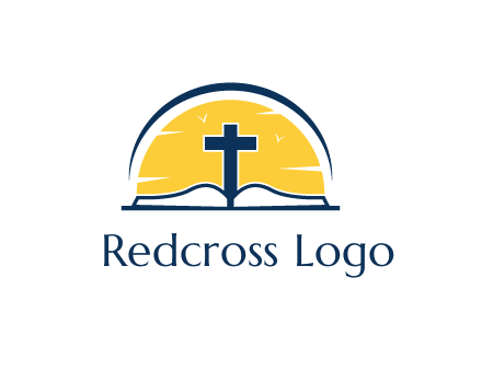 cross and bible in front of sun logo