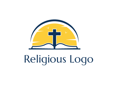 cross and bible in front of sun logo