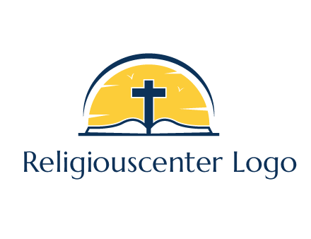 cross and bible in front of sun logo