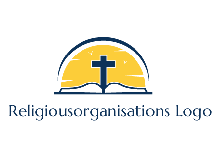cross and bible in front of sun logo