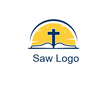 cross and bible in front of sun logo