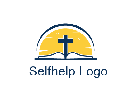 cross and bible in front of sun logo
