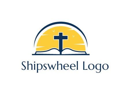 cross and bible in front of sun logo