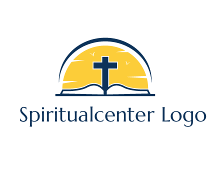 cross and bible in front of sun logo