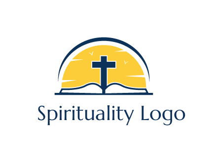 cross and bible in front of sun logo