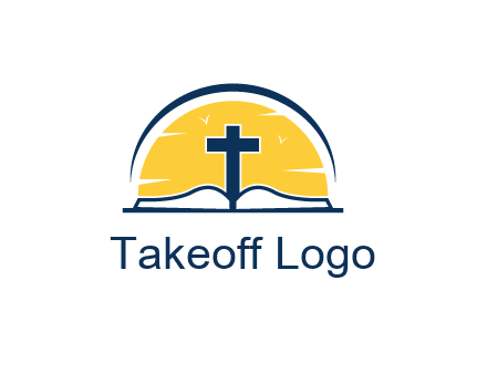 cross and bible in front of sun logo