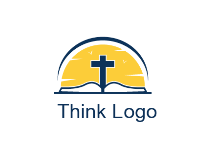 cross and bible in front of sun logo