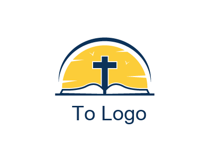 cross and bible in front of sun logo