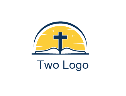 cross and bible in front of sun logo