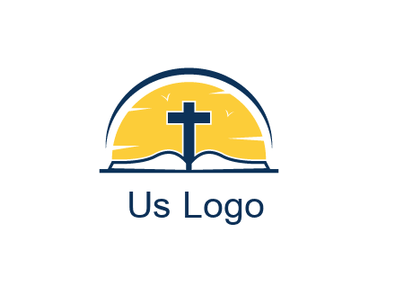 cross and bible in front of sun logo