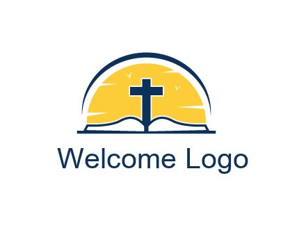 cross and bible in front of sun logo