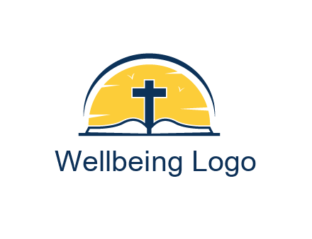 cross and bible in front of sun logo