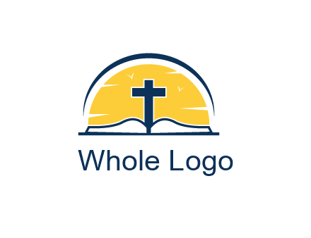 cross and bible in front of sun logo