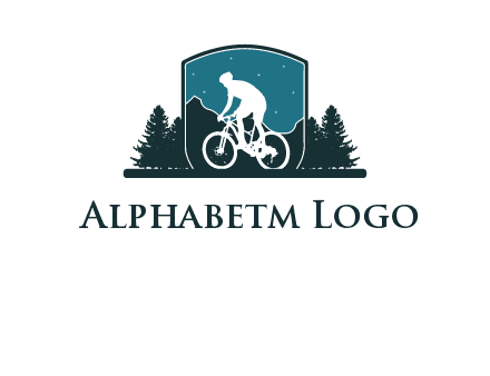 mountain biking in shield with trees emblem logo