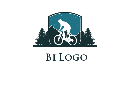 mountain biking in shield with trees emblem logo