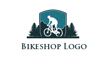 mountain biking in shield with trees emblem logo