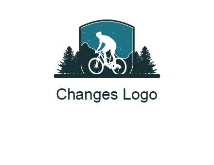 mountain biking in shield with trees emblem logo