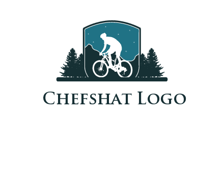 mountain biking in shield with trees emblem logo