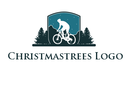 mountain biking in shield with trees emblem logo