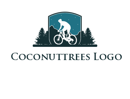 mountain biking in shield with trees emblem logo
