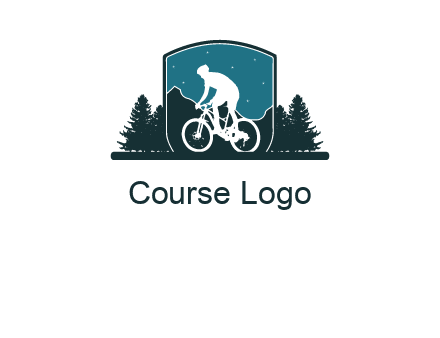 mountain biking in shield with trees emblem logo