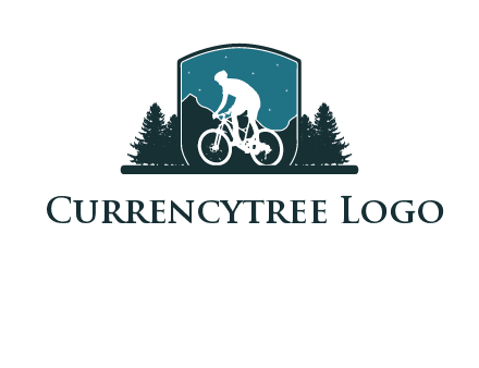 mountain biking in shield with trees emblem logo