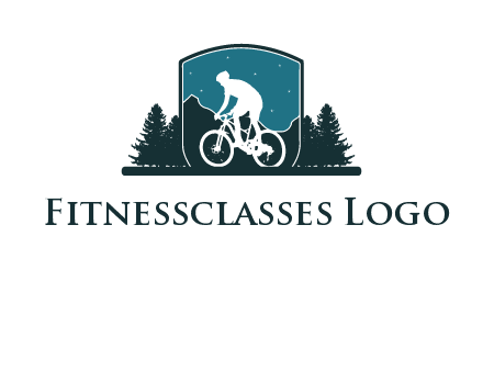 mountain biking in shield with trees emblem logo