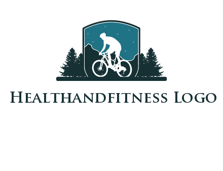 mountain biking in shield with trees emblem logo