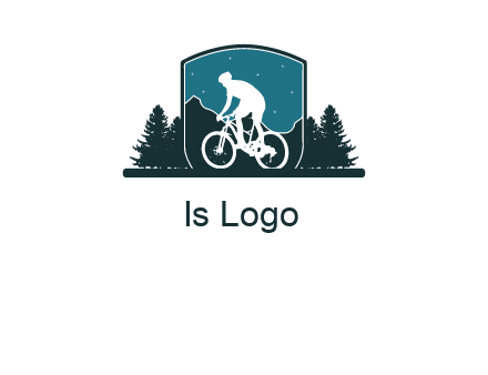 mountain biking in shield with trees emblem logo