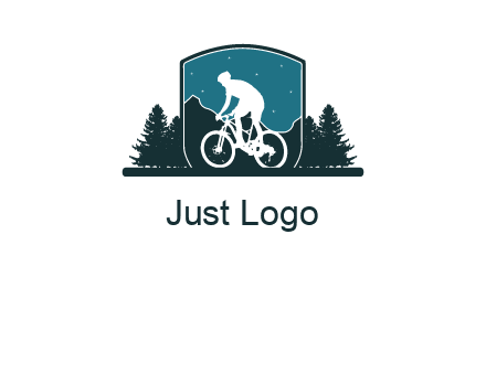mountain biking in shield with trees emblem logo
