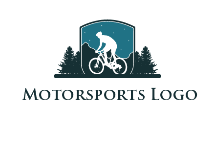 mountain biking in shield with trees emblem logo