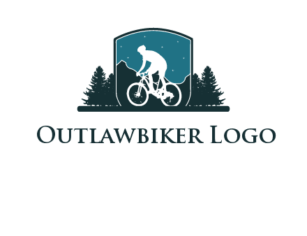 mountain biking in shield with trees emblem logo