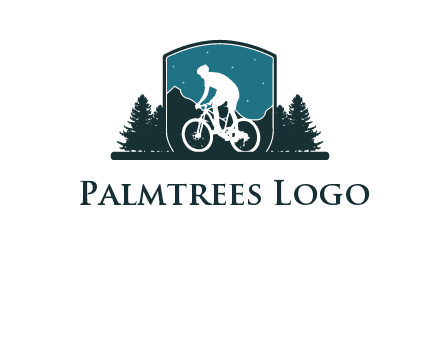 mountain biking in shield with trees emblem logo
