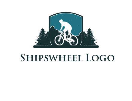 mountain biking in shield with trees emblem logo
