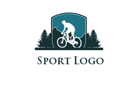 mountain biking in shield with trees emblem logo