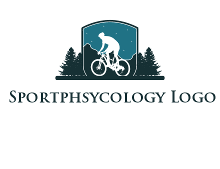 mountain biking in shield with trees emblem logo