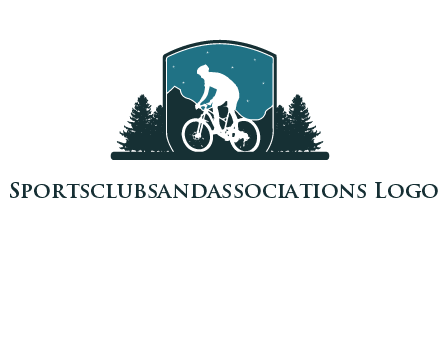 mountain biking in shield with trees emblem logo