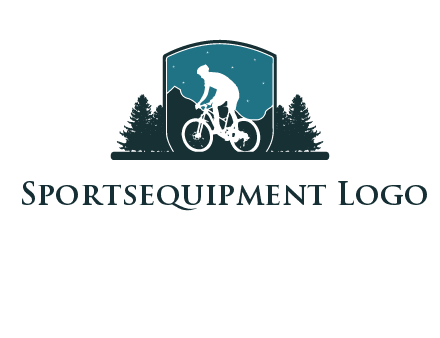 mountain biking in shield with trees emblem logo