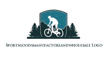 mountain biking in shield with trees emblem logo