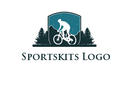 mountain biking in shield with trees emblem logo