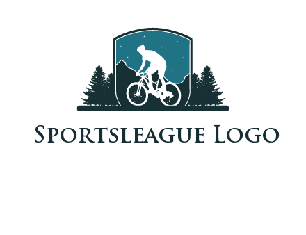 mountain biking in shield with trees emblem logo