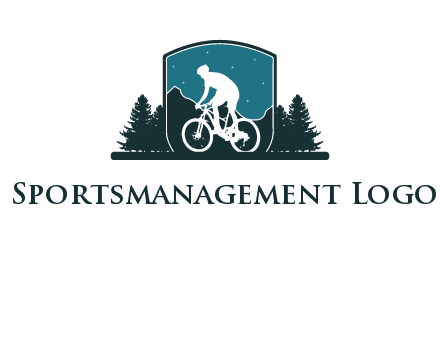 mountain biking in shield with trees emblem logo