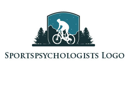 mountain biking in shield with trees emblem logo