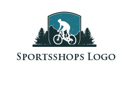 mountain biking in shield with trees emblem logo