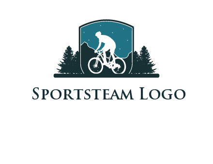 mountain biking in shield with trees emblem logo