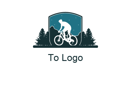 mountain biking in shield with trees emblem logo